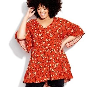 NEW! City Chic Loralette Parker Ruffle Sleeve Scarlet Heart Print Tunic Blouse